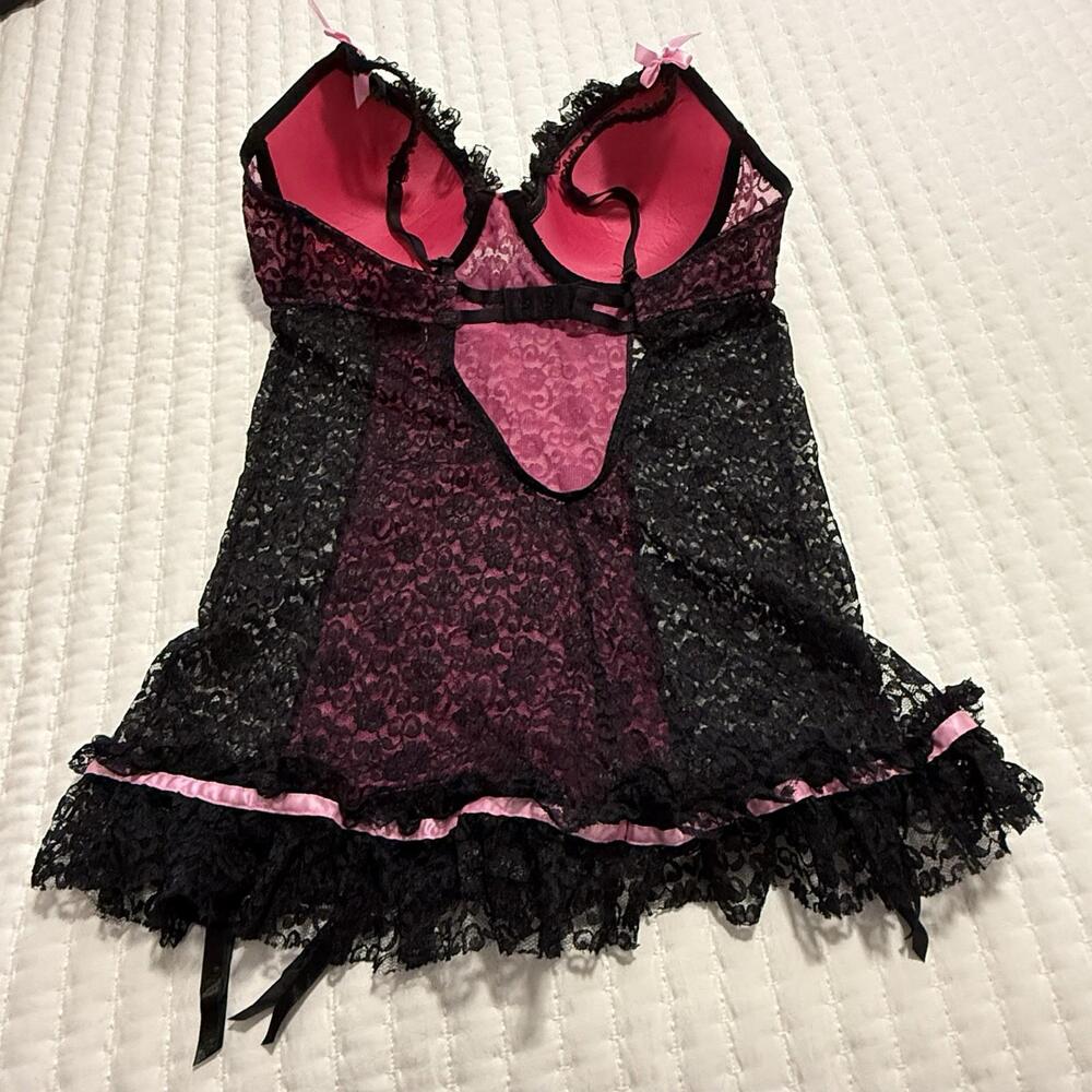 Victoria’s Secret Black Pink Babydoll Chemise Garters 36C Sexy Little Things - Picture 2 of 13